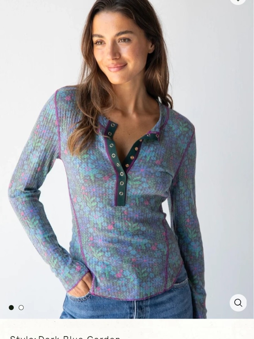 Natural Life Sz Med "Reagan"Floral Ribbed Henley Long-Sleeve Top - Blue
